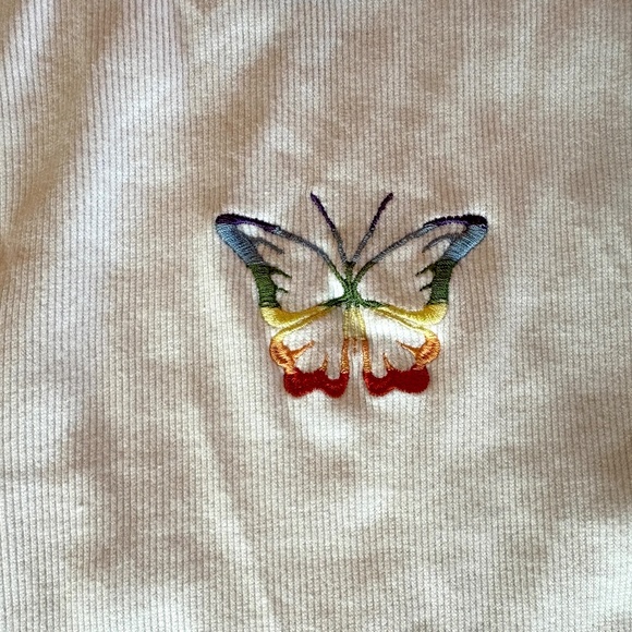 Like New Rainbow Butterfly White Cropped Ribbed Tank Top Size Medium 100% Cotton - Picture 4 of 7